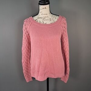 LOFT Coral Pink Cable Knit Sweater Back Button Up Details Size Small